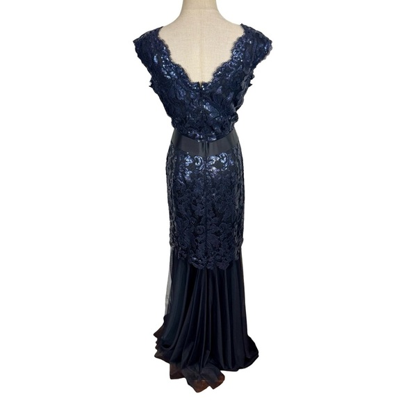Tadashi Shoji Sequin and Tulle Lace Mermaid Gown Ribbon Tie in Navy 3T1430LX - Picture 6 of 9